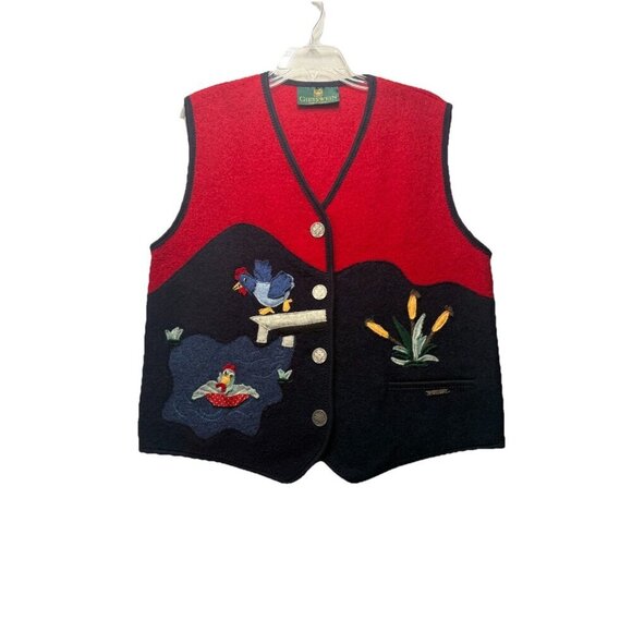 Giesswein Boiled Wool Novelty Sweater Vest Red Navy Blue Sz 40EU 10US Applique - Picture 1 of 8